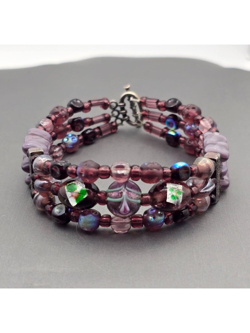 Vintage Sterling Silver Multi Strand Purple Art Glass Foil Bead AB Bracelet 6.5"
